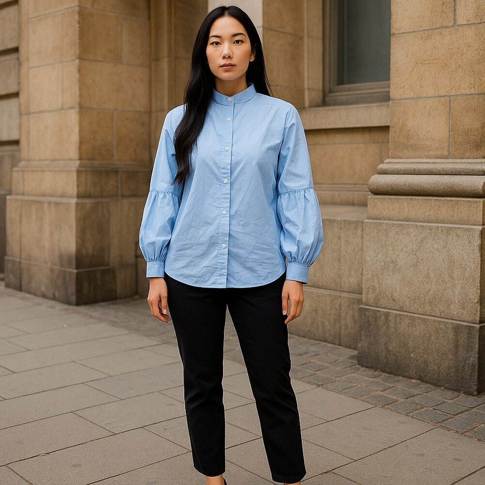 Vonda Light Blue Ruffle Collar Balloon Sleeve Button Down Blouse Women's L NWT